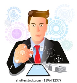 Vector businessman pointing in the office.