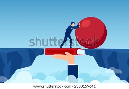 Vector of a businessman pushes red sphere crossing the book bridge of a gap, overcoming difficulties. Concept of winning strategy, efficiency and a leadership.