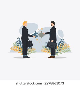 Vector businessman with puzzle . Teamwork and partnership concept illustration