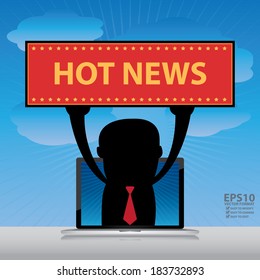 Vector : The Businessman Raise Hot News Banner Through Computer Laptop Screen in Blue Sky Background