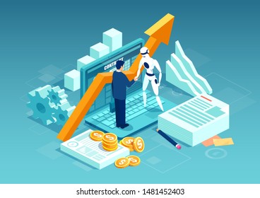 Vector of a businessman and a robot shaking hands standing on computer. Concept of data analytics and key performance indicators in intelligent business.