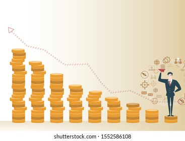 vector businessman and rocket paper with  gold coin graph with strategy concept and Business growth idea with stock market design,start up plan and icon growth of career 