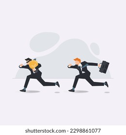 Vector businessman running after another businessman holding big bulb. Ideas theft concept illustration