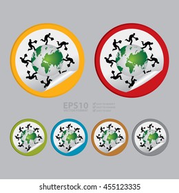 Vector : Businessman Running Around The Earth Infographics Icon on Circle Peeling Sticker Isolated on White Background 