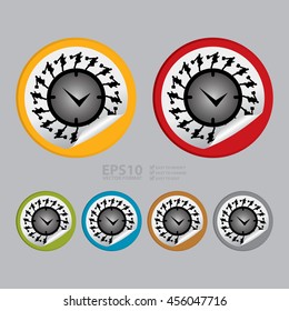 Vector : Businessman Running Around The Time Clock Infographics Icon on Circle Peeling Sticker Isolated on White Background 
