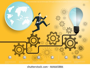 Vector businessman runs and driven gears of thought to the idea of working in a competitive global market to trade flat design
