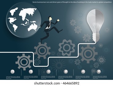 Vector businessman runs and driven gears of thought to the idea of working in a competitive global market to trade flat design