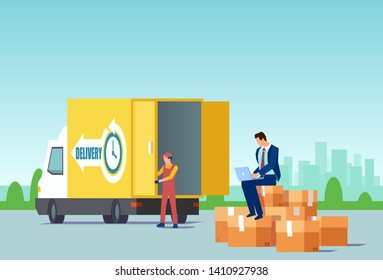 Vector of a businessman selling products online using fast delivery services. Online e-commerce, shipping concept.