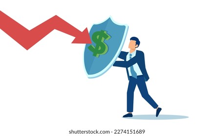 Vector of a businessman with a shield with a dollar symbol protecting himself from bad economic times  