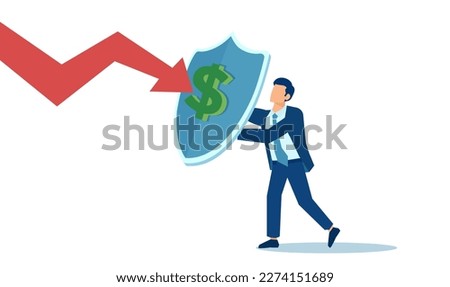 Vector of a businessman with a shield with a dollar symbol protecting himself from bad economic times  