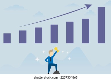 El empresario vectorial muestra el trofeo sobre el logro exitoso objetivo con el concepto de gráfico de crecimiento
