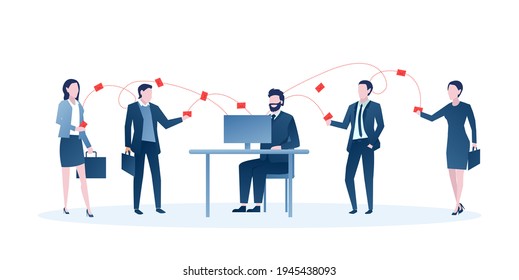 Vector of a businessman sitting at desk managing company communication via emails 