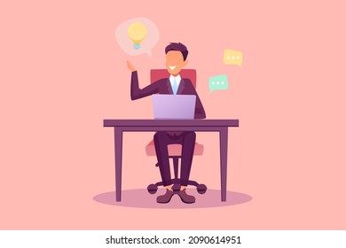 Vector of a businessman sitting at the desk working on computer has a bright idea 