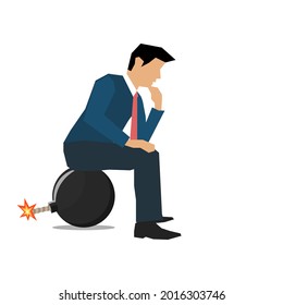 Vector de un hombre de negocios sentado sobre una bomba, pensando en el próximo mejor movimiento en circunstancias críticas