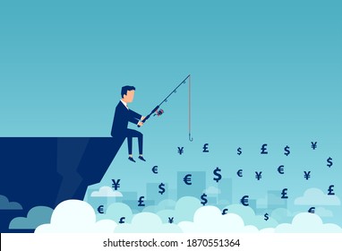 Vector of a businessman sitting on a cliff fishing different currency