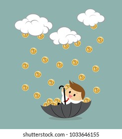 Vector of businessman sitting in umbrella to collect money rain. 