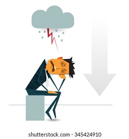 Vector  Businessman sitting under rain clouds. Business failure. Worried business man thinking about business graph with negative trend and feeling sad because shares fall - collapse of the economy. 