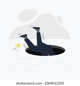 Vector businessman sliding with banana peel and fell into a hole. Failure or mistake concept illustration