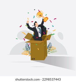 Vector businessman standing in cardboard and holding trophy design vector illustration