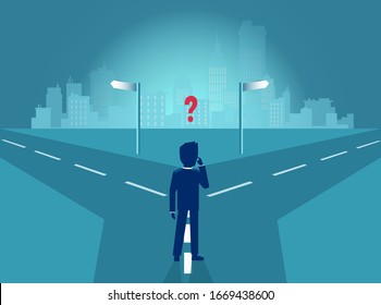 Vector of a businessman standing at crossroads feeling confused trying to make the right choice