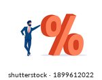 Vector of a businessman standing next to a red big percentage symbol on a white background 