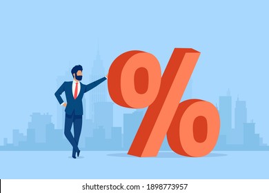 Vector of a businessman standing next to a red big percentage symbol on a cityscape background 