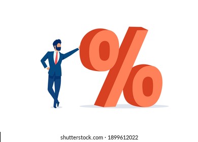 Vector of a businessman standing next to a red big percentage symbol on a white background 