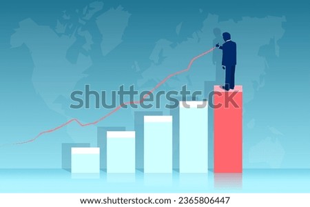 Vector of a businessman standing on a bar graph drawing future world economy growth projection 