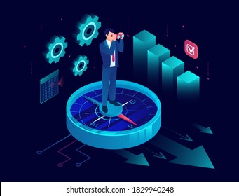 Vector of a businessman standing on a compass and looking into binoculars for new financial opportunities 