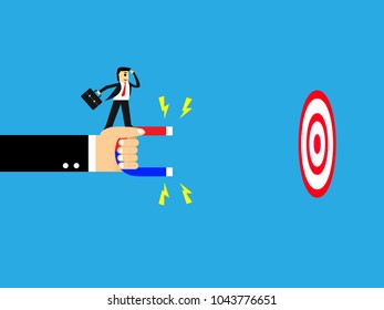 vector of businessman standing on hand holding magnetic,Magnetism is absorbing the target,business concept