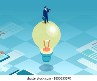 Vector of a businessman standing on a light bulb looking into telescope 