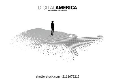 Vector Businessman standing on United States map from pixel square. Concept for America digital network connection.