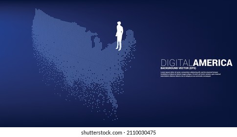 Vector Businessman standing with United States map from pixel square. Concept for America digital network connection.