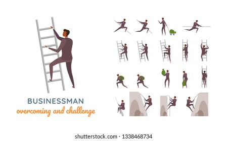 Vector businessman suit casual poses set in flat style. Full length, gestures, emotions, front, side, back view.