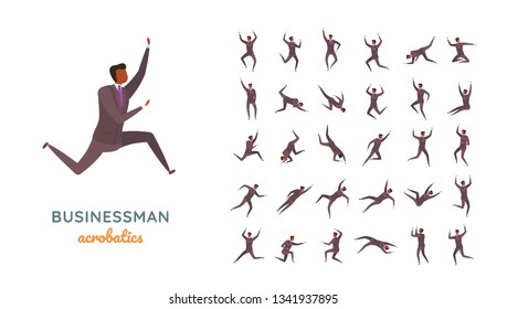 Vector businessman suit casual poses set in flat style. Full length, gestures, emotions, front, side, back view.