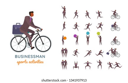 Vector businessman suit casual poses set in flat style. Full length, gestures, emotions, front, side, back view.