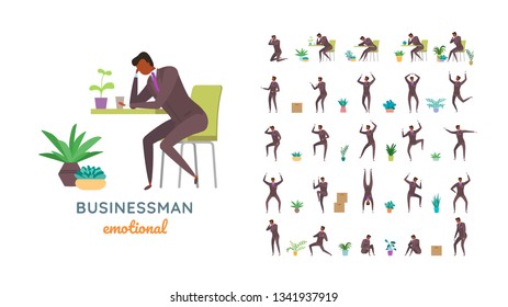 Vector businessman suit casual poses set in flat style. Full length, gestures, emotions, front, side, back view.
