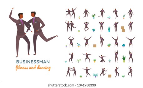 Vector businessman suit casual poses set in flat style. Full length, gestures, emotions, front, side, back view.