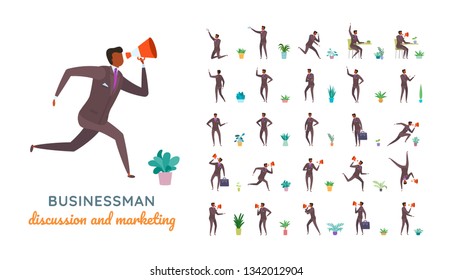 Vector businessman suit casual poses set in flat style. Full length, gestures, emotions, front, side, back view.