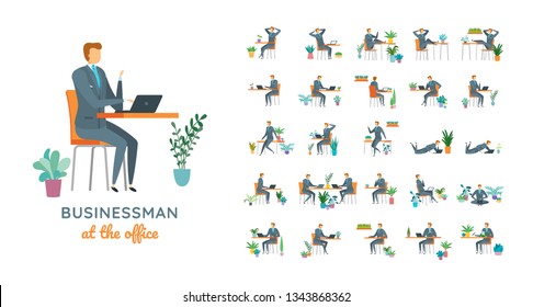 Vector businessman suit casual poses set in flat style. Full length, gestures, emotions, front, side, back view.