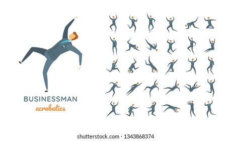 Vector businessman suit casual poses set in flat style. Full length, gestures, emotions, front, side, back view.