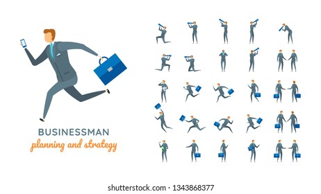 Vector businessman suit casual poses set in flat style. Full length, gestures, emotions, front, side, back view.