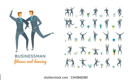 Vector businessman suit casual poses set in flat style. Full length, gestures, emotions, front, side, back view.
