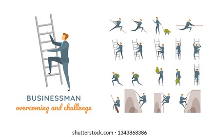 Vector businessman suit casual poses set in flat style. Full length, gestures, emotions, front, side, back view.