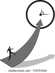 Vector of businessman with suitcase walking on the arrow to the clock. Concept for successful business.