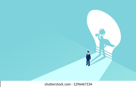 Vector of a businessman with superhero shadow holding a trophy. Symbol of ambition, motivation. leadership and challenge