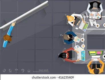 Vector businessman teamwork, brainstorming marketing plan with pencils, pens, paper files, notebooks, tablets and a cup of coffee flat design