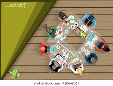 Vector businessman teamwork, brainstorming marketing plan with pencils, pens, paper files, notebooks, smart phone, tablets and a cup of coffee flat design