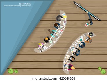 Vector businessman teamwork, brainstorming marketing plan with pencils, pens, paper files, notebooks, mobile phones, tablets and a cup of coffee flat design