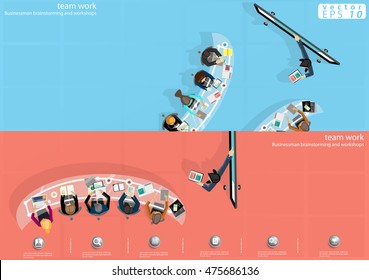 Vector businessman teamwork, brainstorming marketing plan with pencils, pens, paper files, notebooks, mobile phones, tablets and a cup of coffee flat design